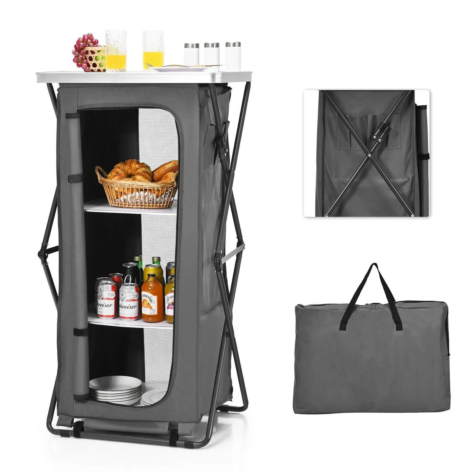 3-Tier Folding Camping Storage Cabinet with Side Pockets and Carry Bag-L