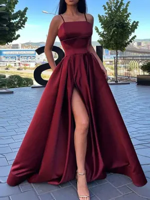 A Line Burgundy/Black/Red Satin Long Prom Dresses with High Slit, Long Burgundy/Black/Red Formal Graduation Evening Dresses