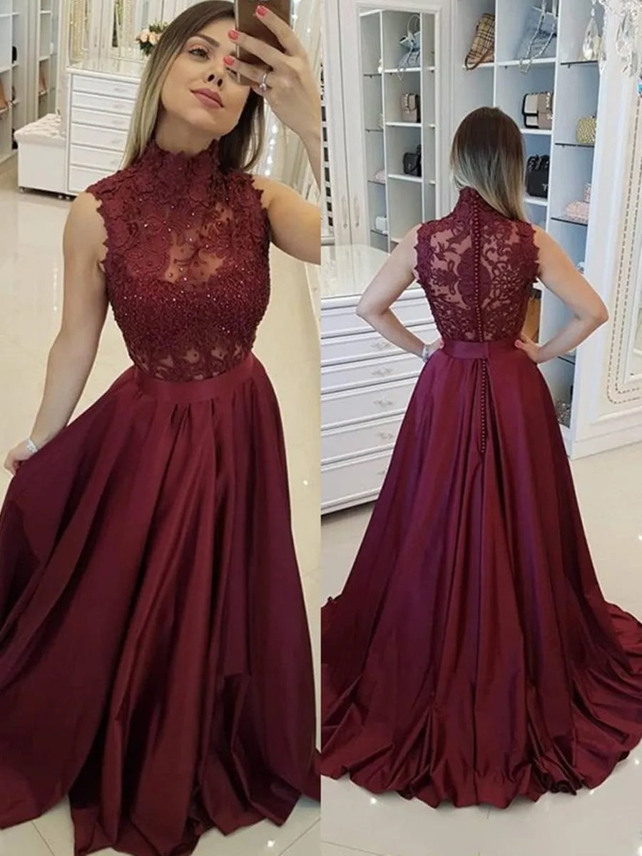 A Line High Neck Lace Beading Burgundy Satin Long Prom, Burgundy Lace Formal, Burgundy Evening