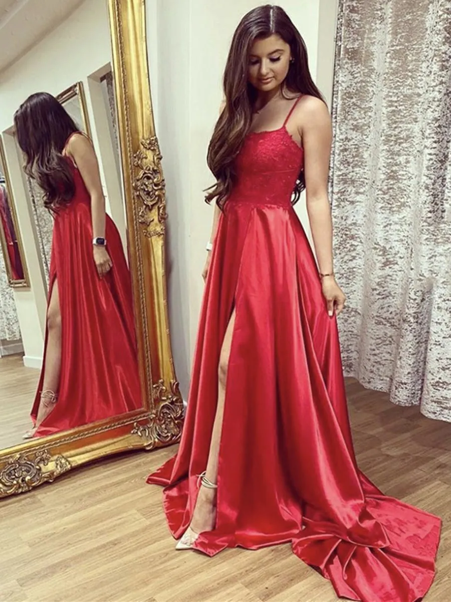 A Line Red Lace Long Prom with Leg Slit, Red Lace Formal Graduation Evening