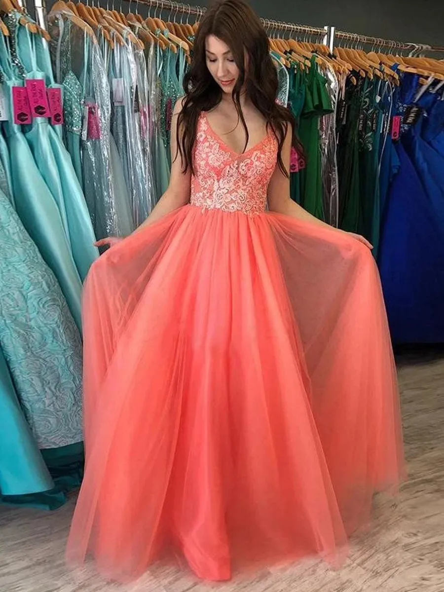 A Line V Neck Backless Coral Lace Long Prom, Backless Coral Lace Formal, Coral Lace Evening