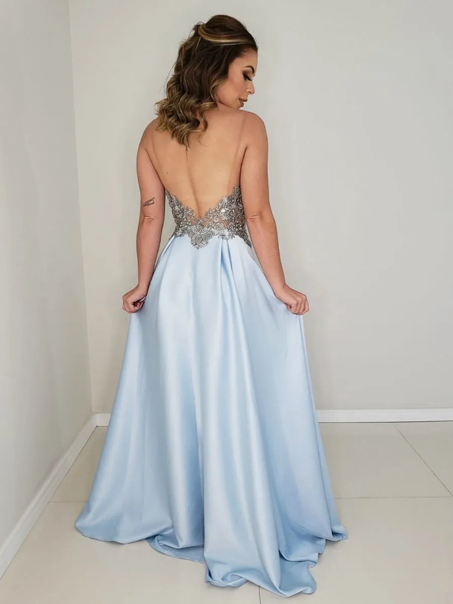 A Line V Neck Backless Lace Appliques Red/Light Blue Prom with Slit, Lace Backless Red/Light Blue Formal, Lace Evening