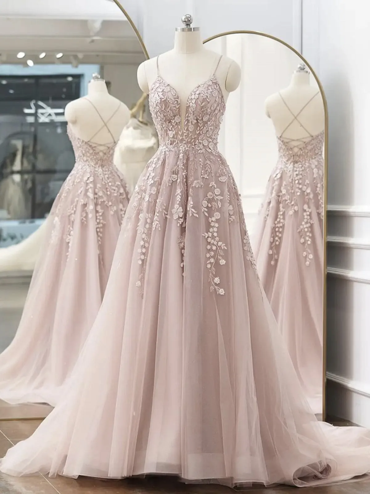 A Line V Neck Backless Pink Lace Floral Long Prom Dresses, Pink Lace Formal Graduation Evening Dresses