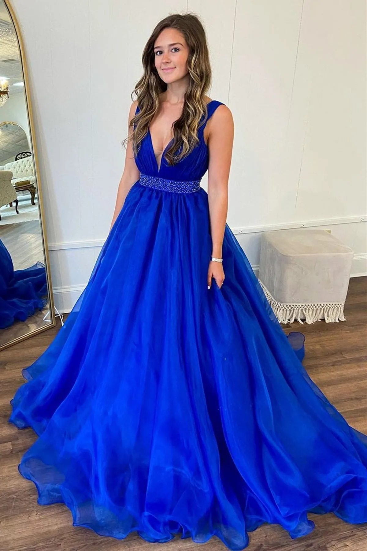 A Line V Neck Red/Blue/Orange Long Prom Dress with Beaded Belt, Long Red/Blue/Orange Formal Graduation Evening Dress A1839