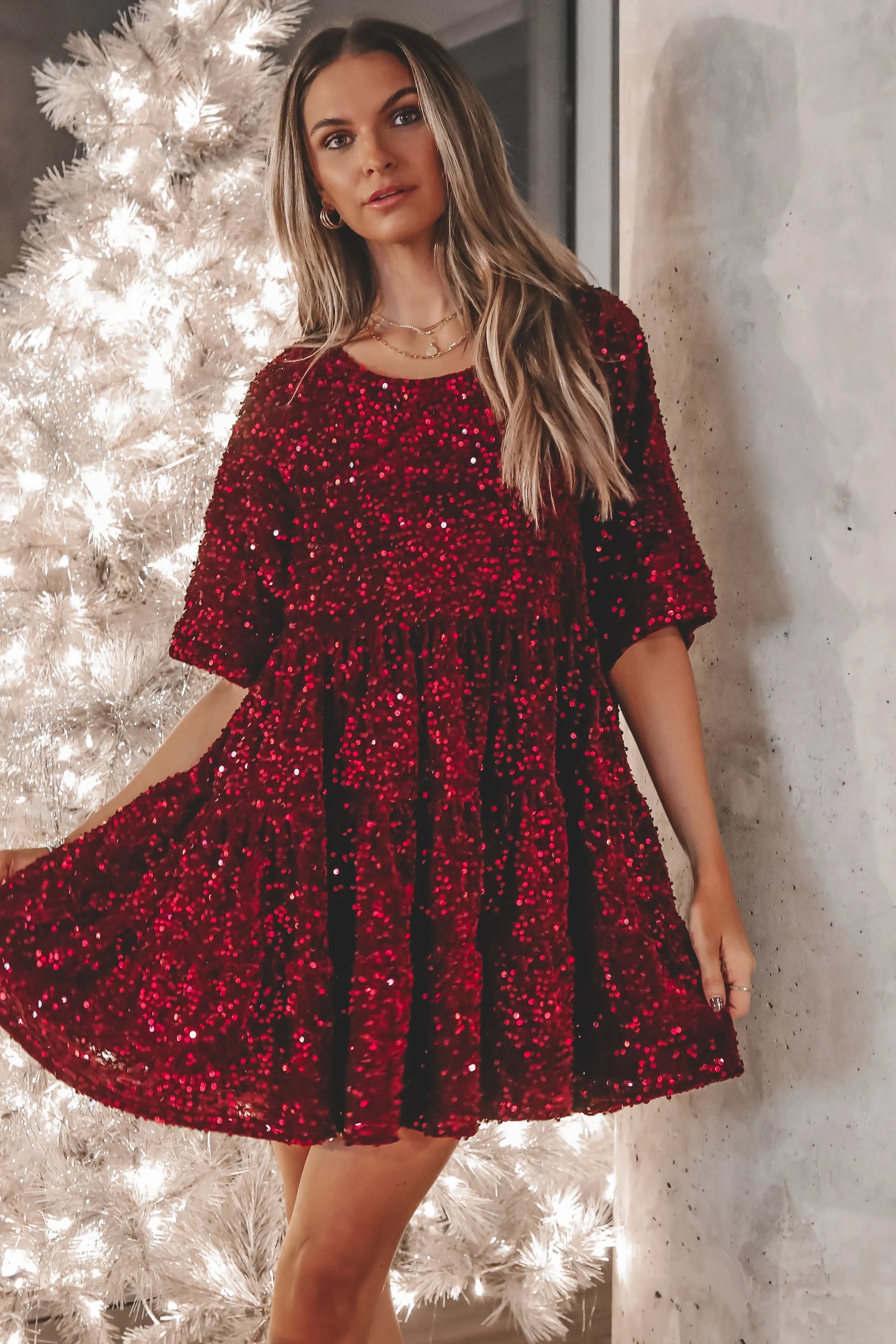 A Velvet Queen Sequin Burgundy Babydoll Dress