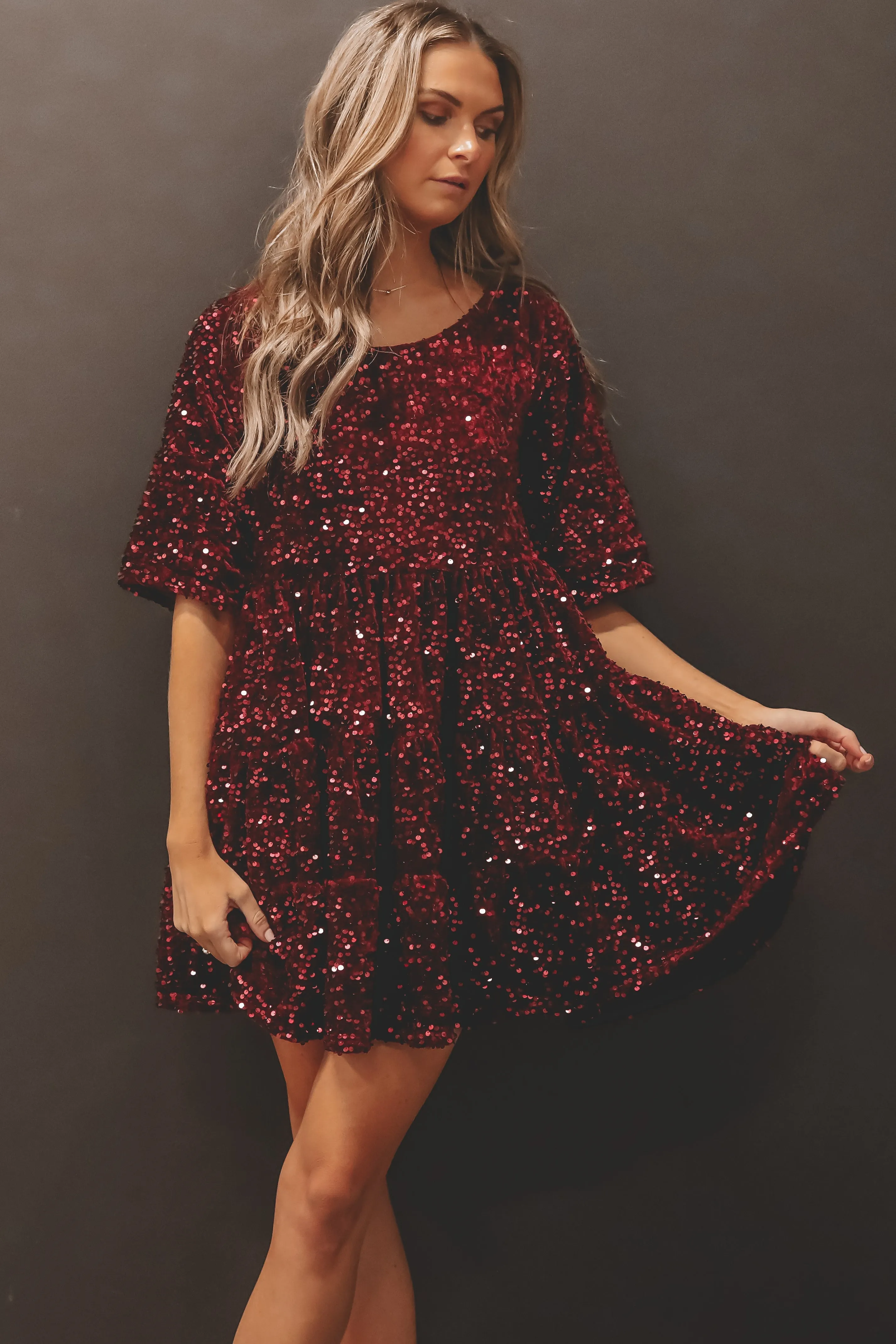 A Velvet Queen Sequin Burgundy Babydoll Dress