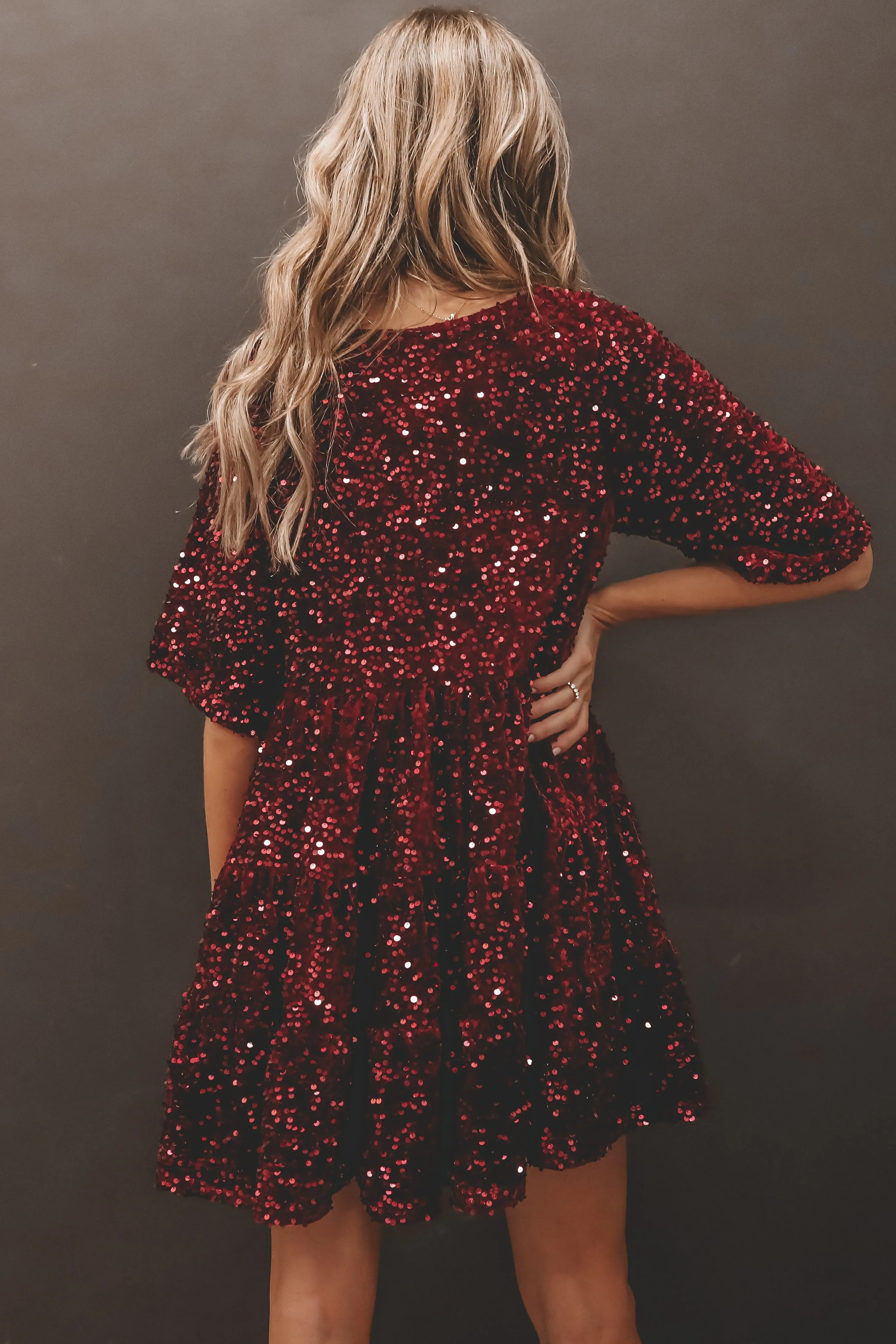 A Velvet Queen Sequin Burgundy Babydoll Dress