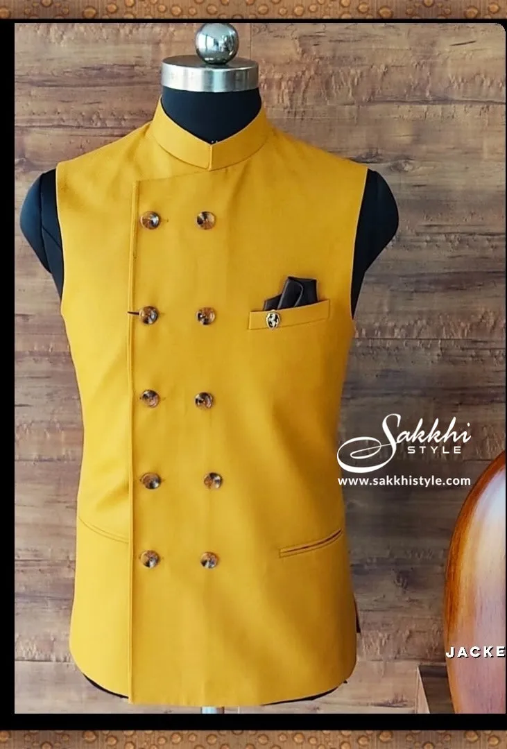 Amber Solid Woven Nehru Jackets