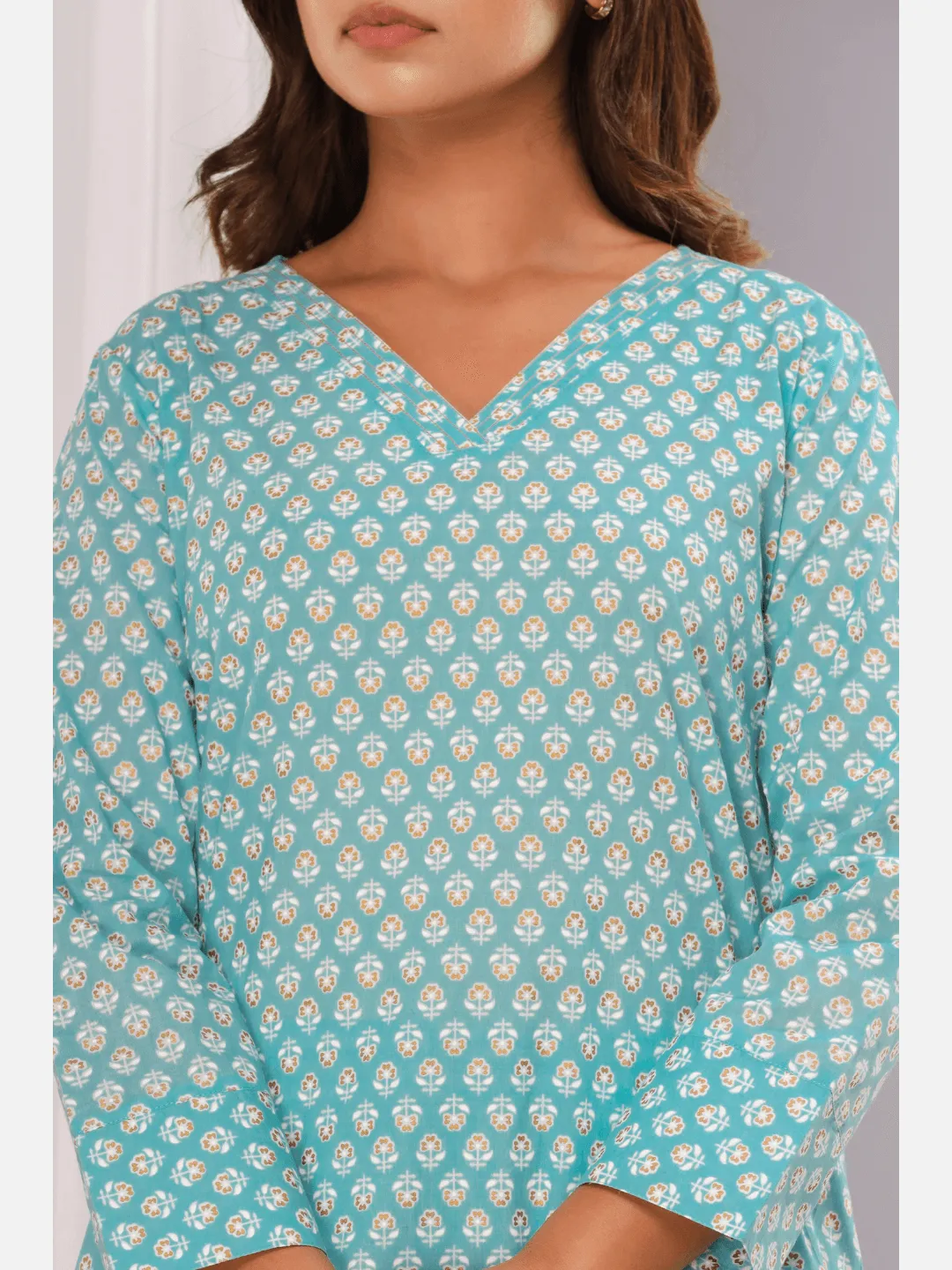 Aqua  Gold printed Pure Cotton V neck Loungewear