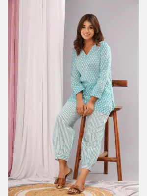 Aqua  Gold printed Pure Cotton V neck Loungewear