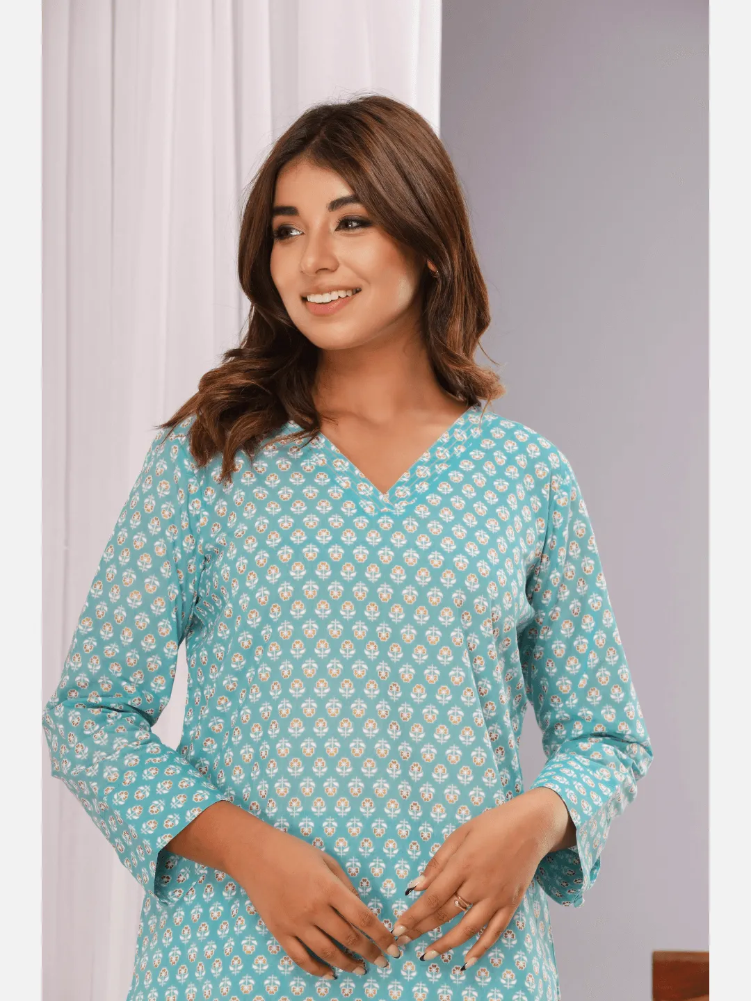 Aqua  Gold printed Pure Cotton V neck Loungewear