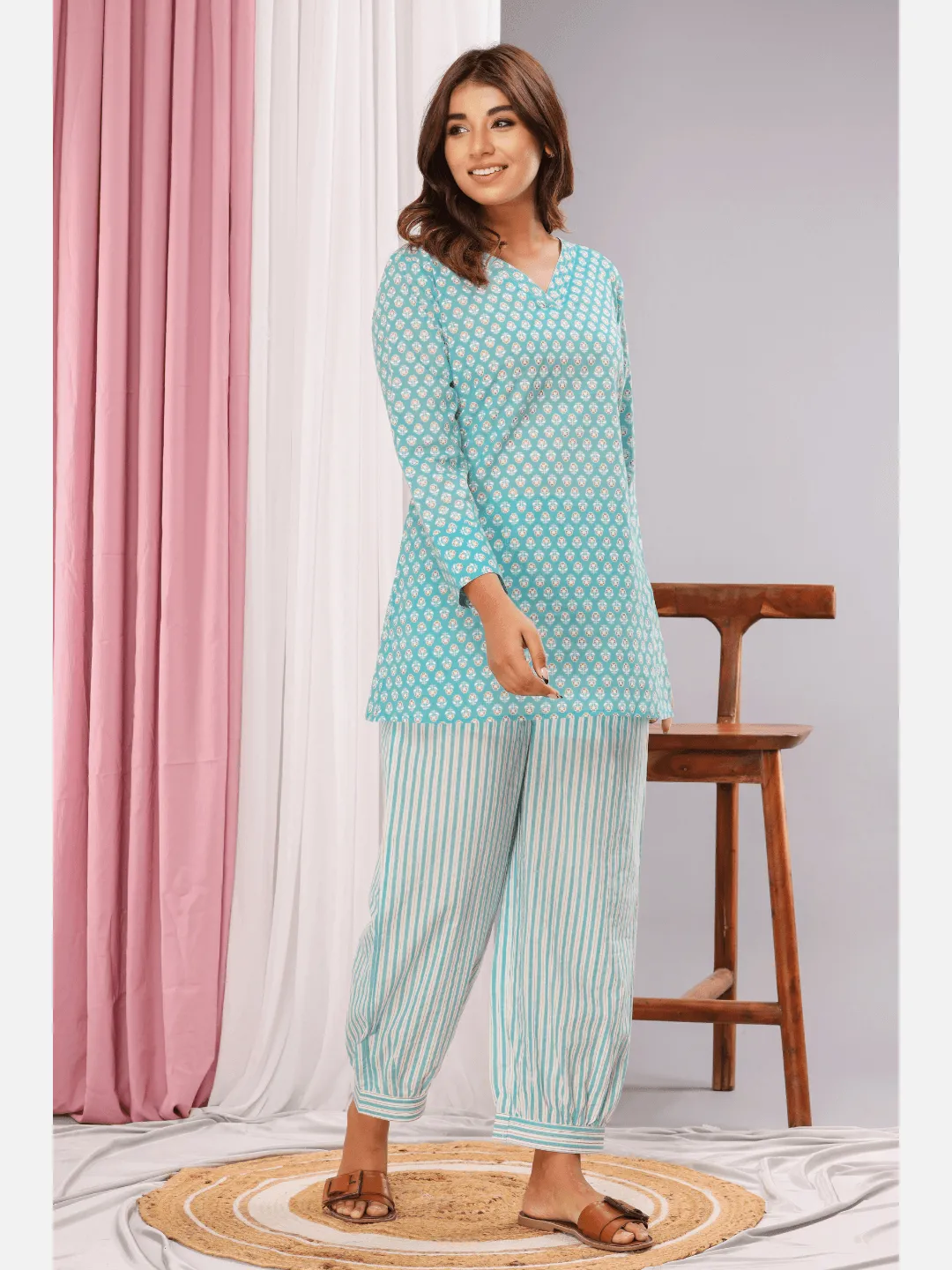 Aqua  Gold printed Pure Cotton V neck Loungewear