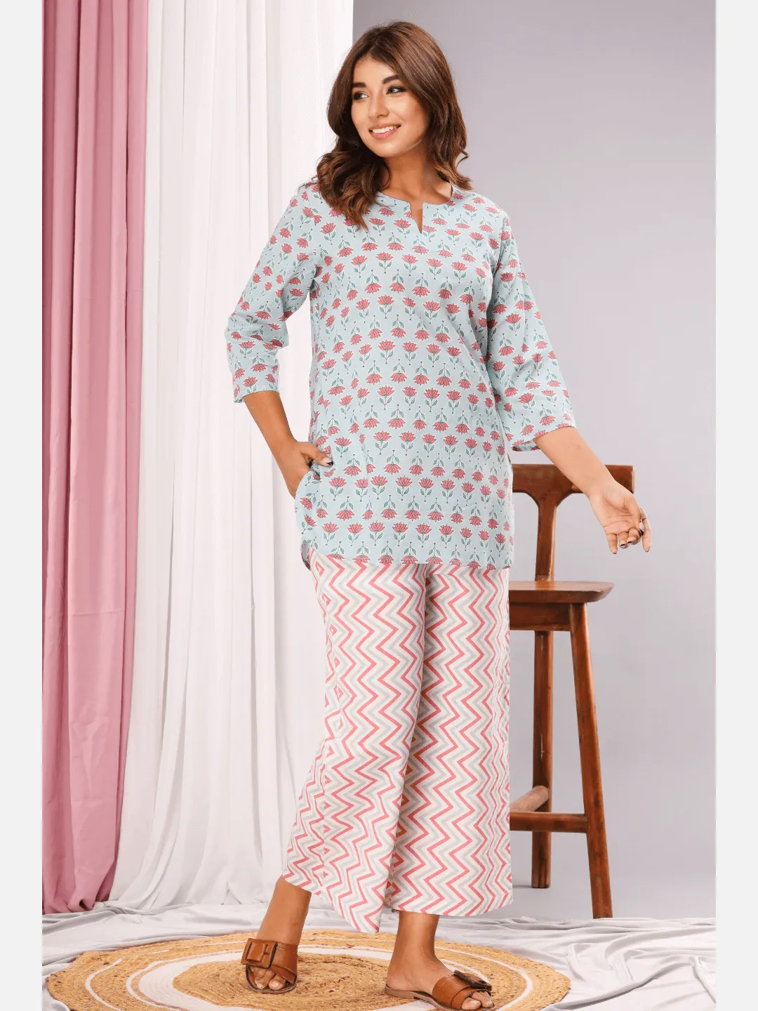 Aqua sky blue cotton Lounge wear