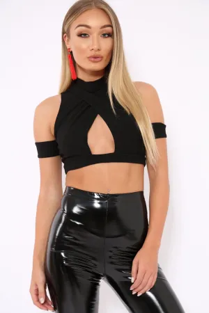 Black Cross Front Cold Shoulder Crop Top - Kenzli