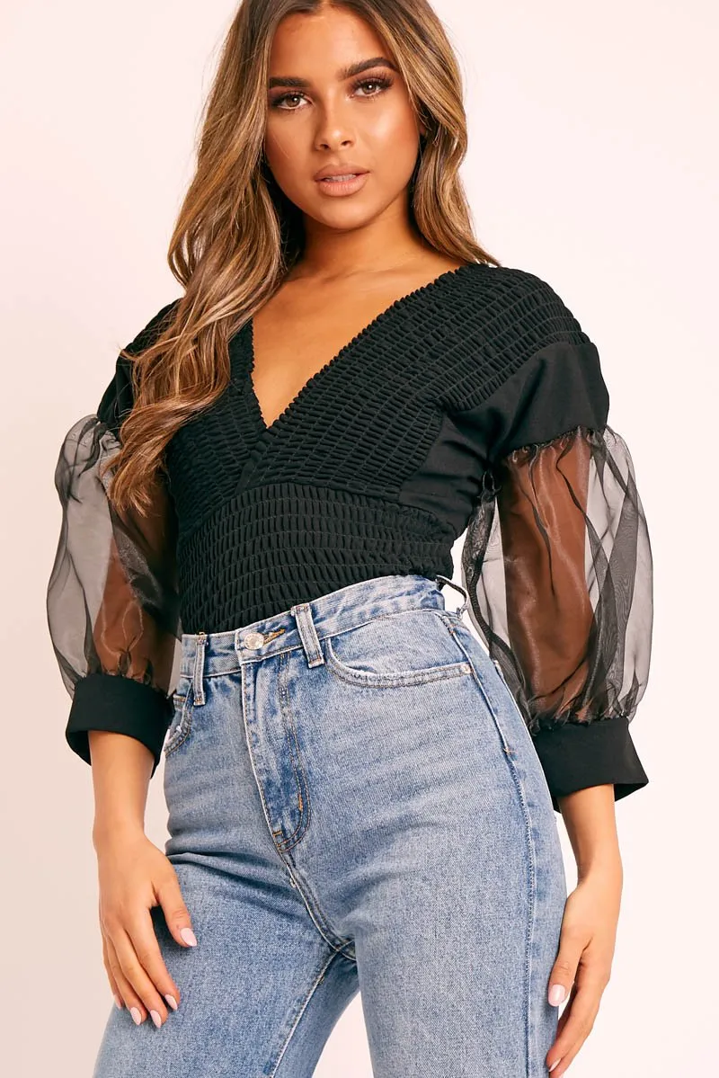 Black Shirred Plunge Crop Top - Reina