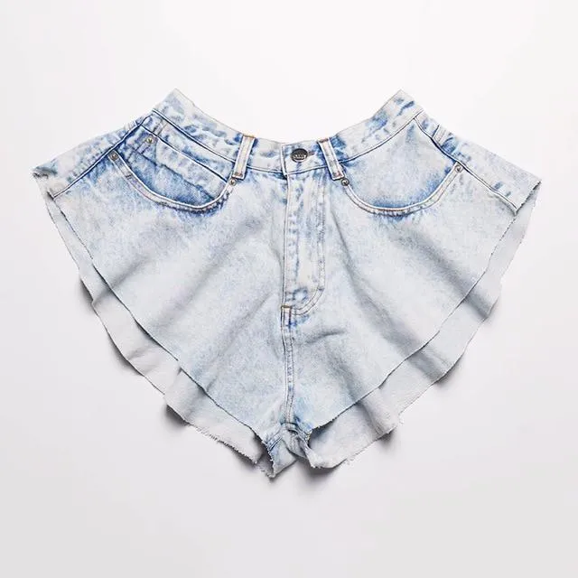 Casual Denim Shorts High Waist Ruffle Hem Loose Ruched Short Pants