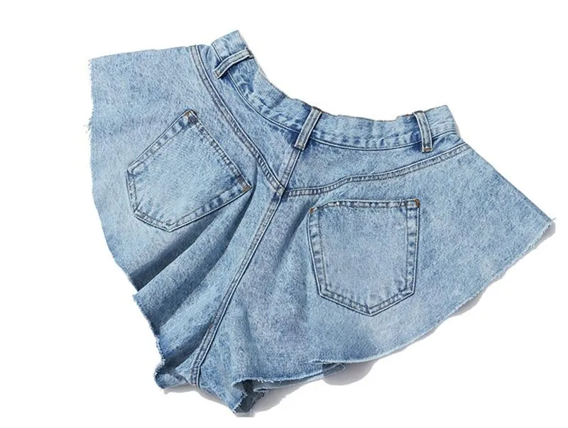 Casual Denim Shorts High Waist Ruffle Hem Loose Ruched Short Pants