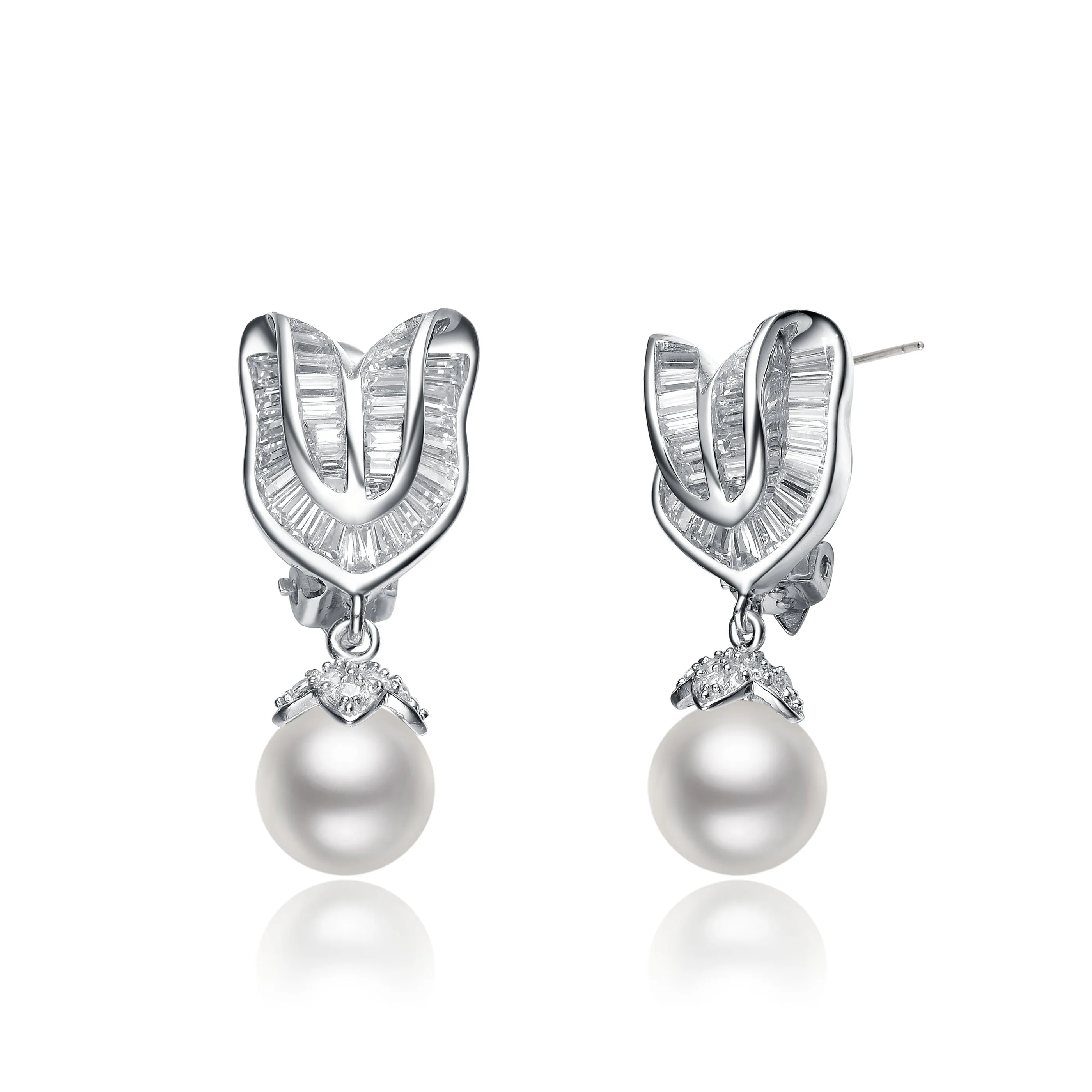 CZ Sterling Silver Rhodium Plated Pearl Earrings