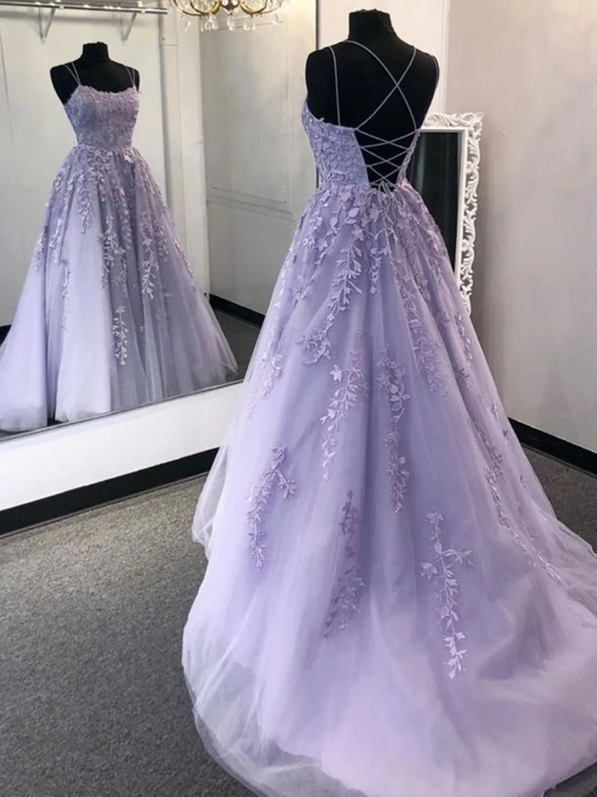 Fashion Criss-Cross Back Lavender Lace Long Prom Dresses, Open Back Lavender Lace Appliqued Formal Evening Dresses