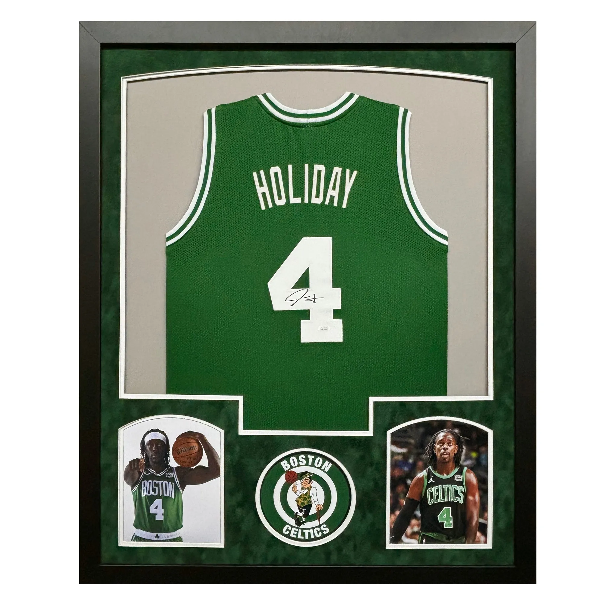 Jrue Holiday Signed Boston Green Custom Suede Matte Framed Basketball Jersey (JSA)