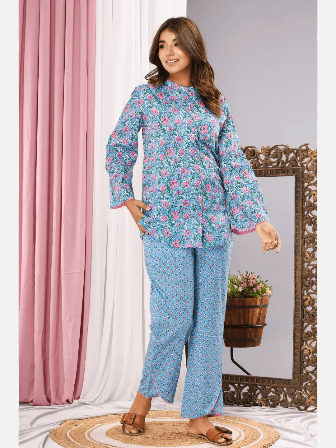 mandarin collar Baby Blue  Pure cotton loungewear