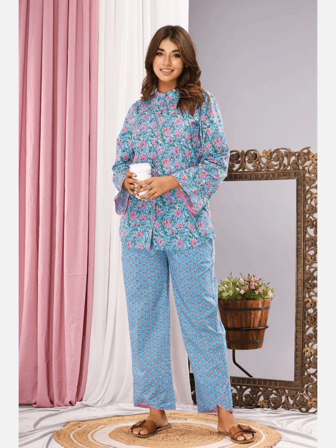 mandarin collar Baby Blue  Pure cotton loungewear