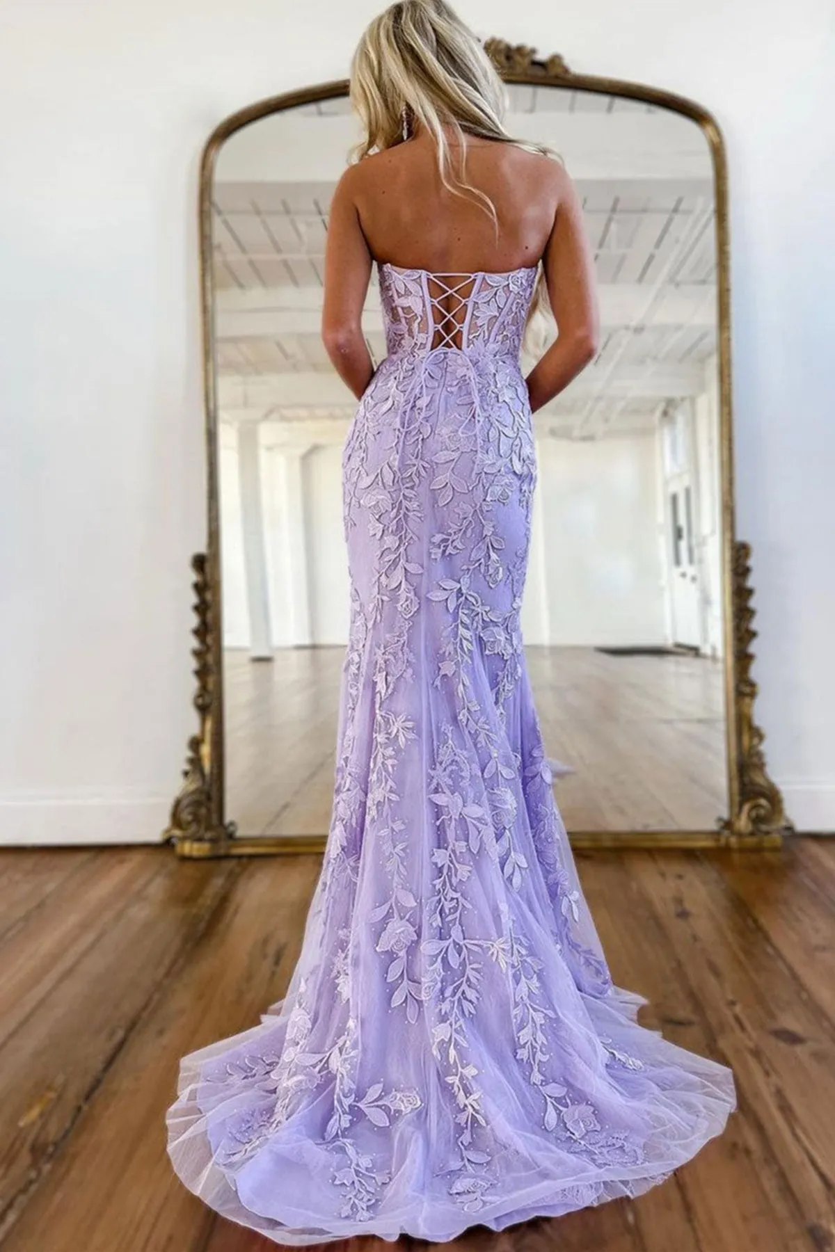 Mermaid Strapless Purple Lace Long Prom Dress, Purple Lace Formal Dress, Long Purple Evening Dress A1733