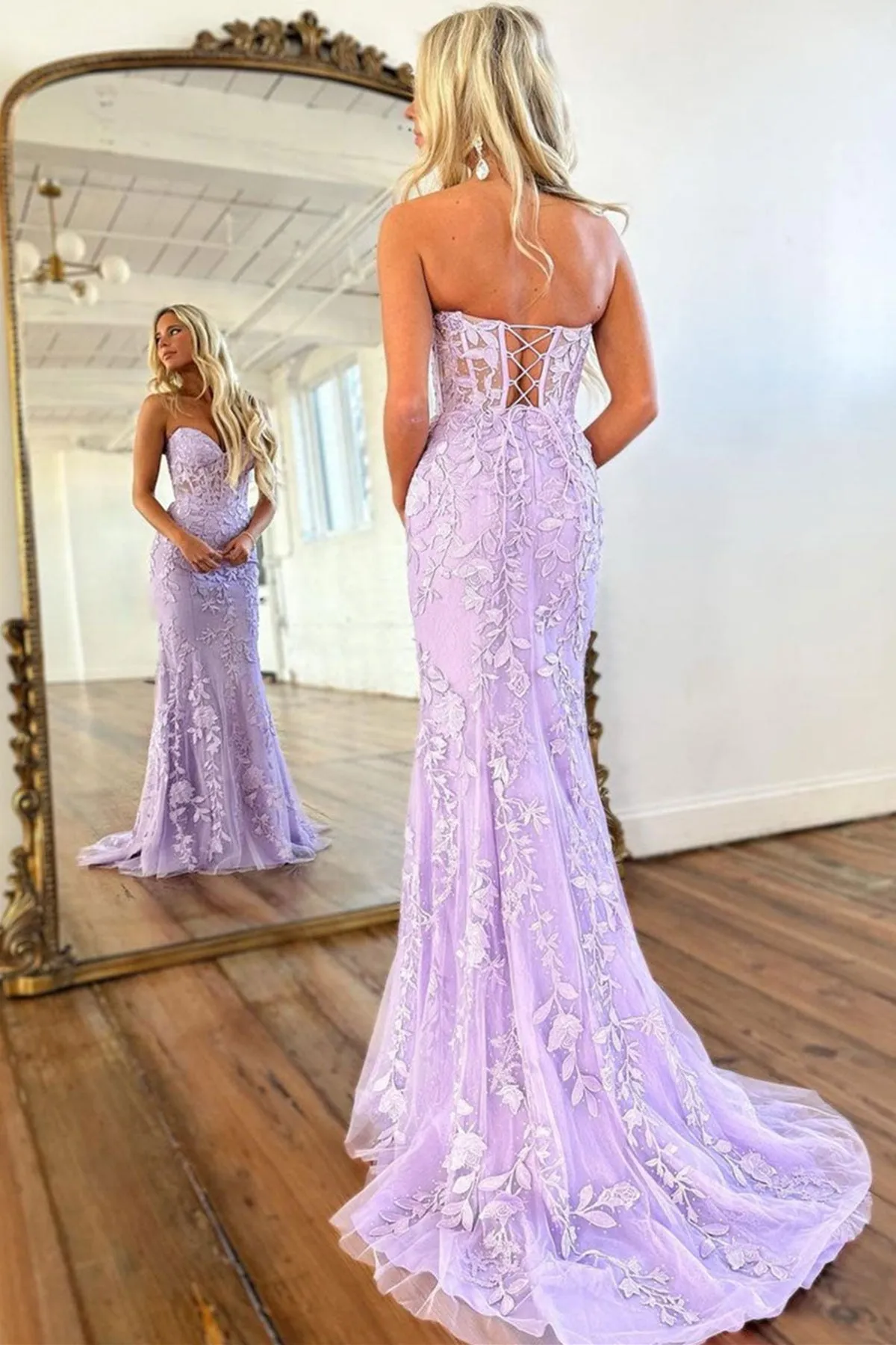 Mermaid Strapless Purple Lace Long Prom Dress, Purple Lace Formal Dress, Long Purple Evening Dress A1733