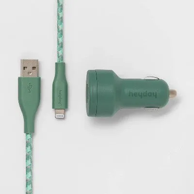 New - 6' Lightning to USB-A Cable 2-Port 3.1A Car Charger - heyday Evergreen