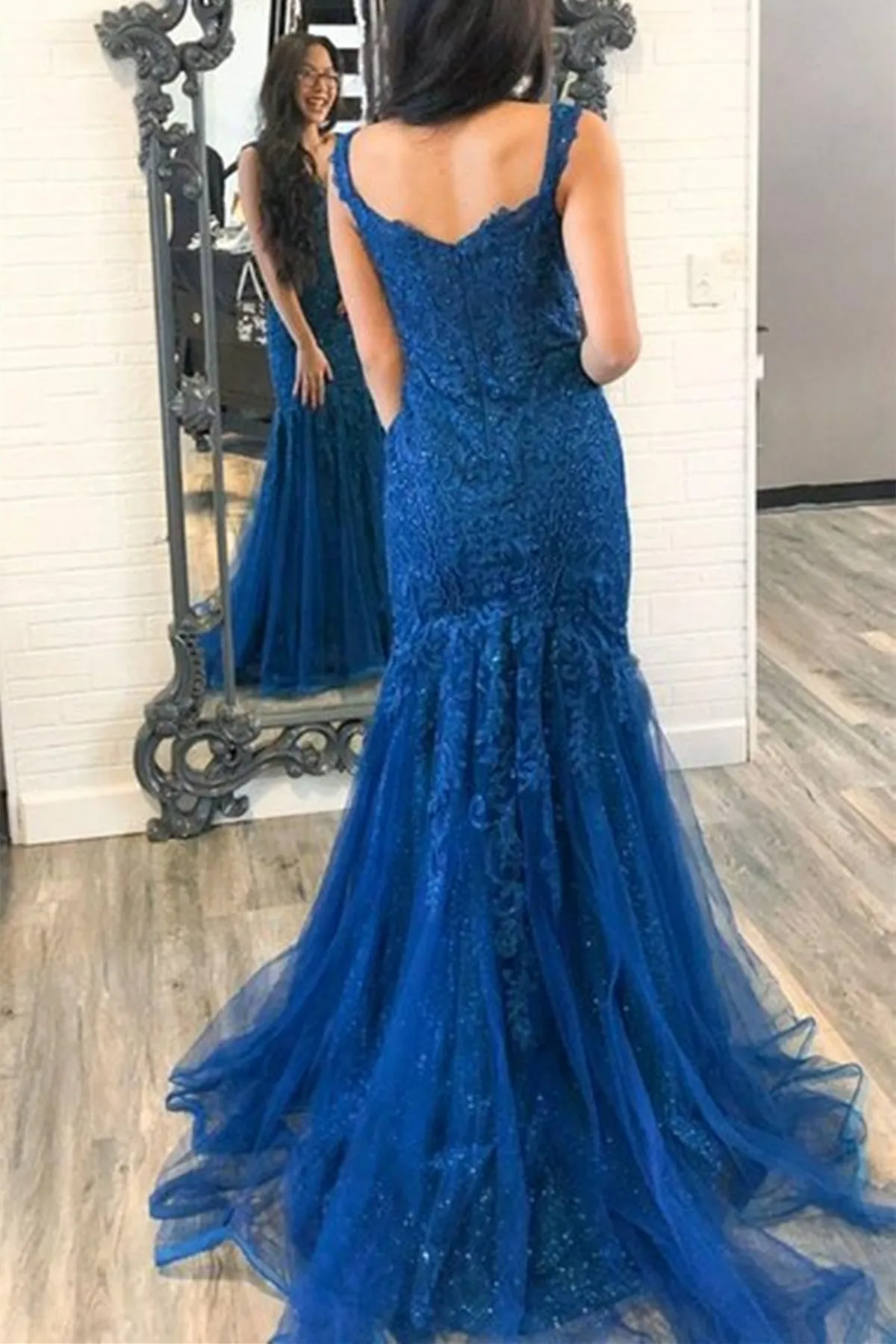 Off Shoulder Mermaid Blue Lace Long Prom Dress, Mermaid Blue Formal Dress, Blue Lace Evening Dress A1465