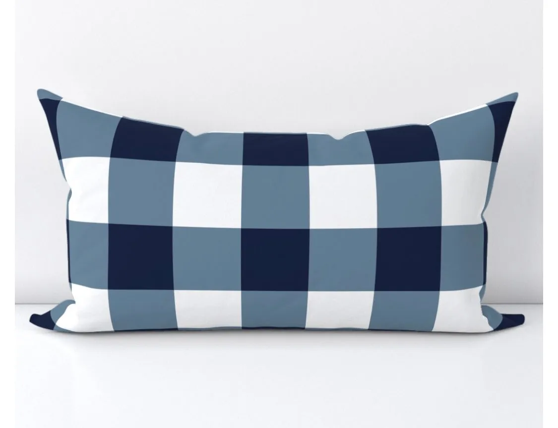 Preppy Surfer Navy Blue Gingham Lumbar Throw Pillow