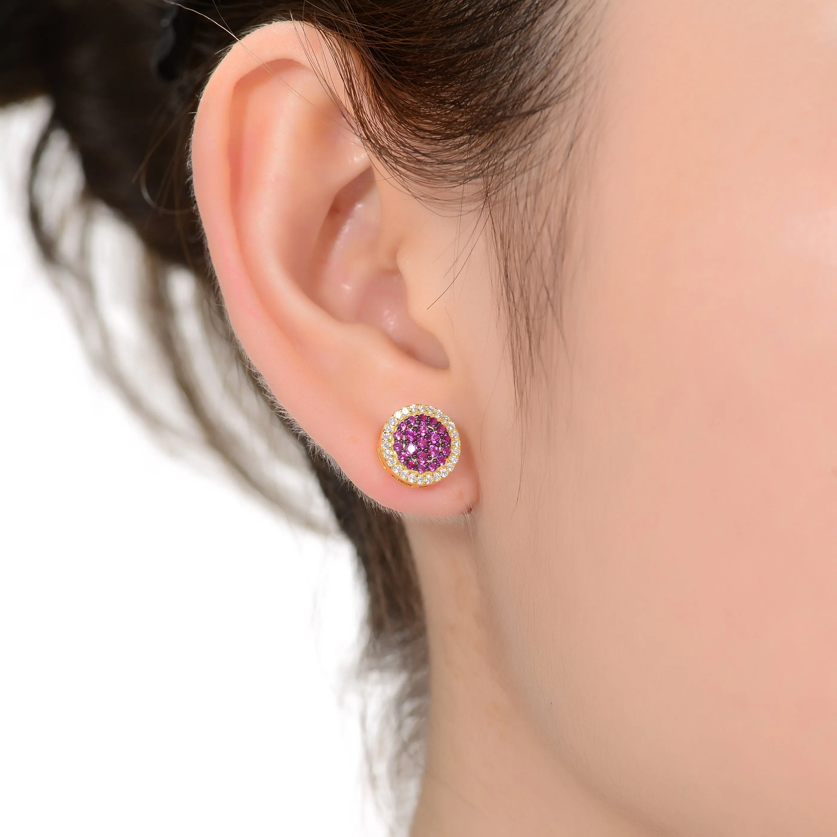 Radiant Ruby Cluster Stud Earrings with Gold Plating