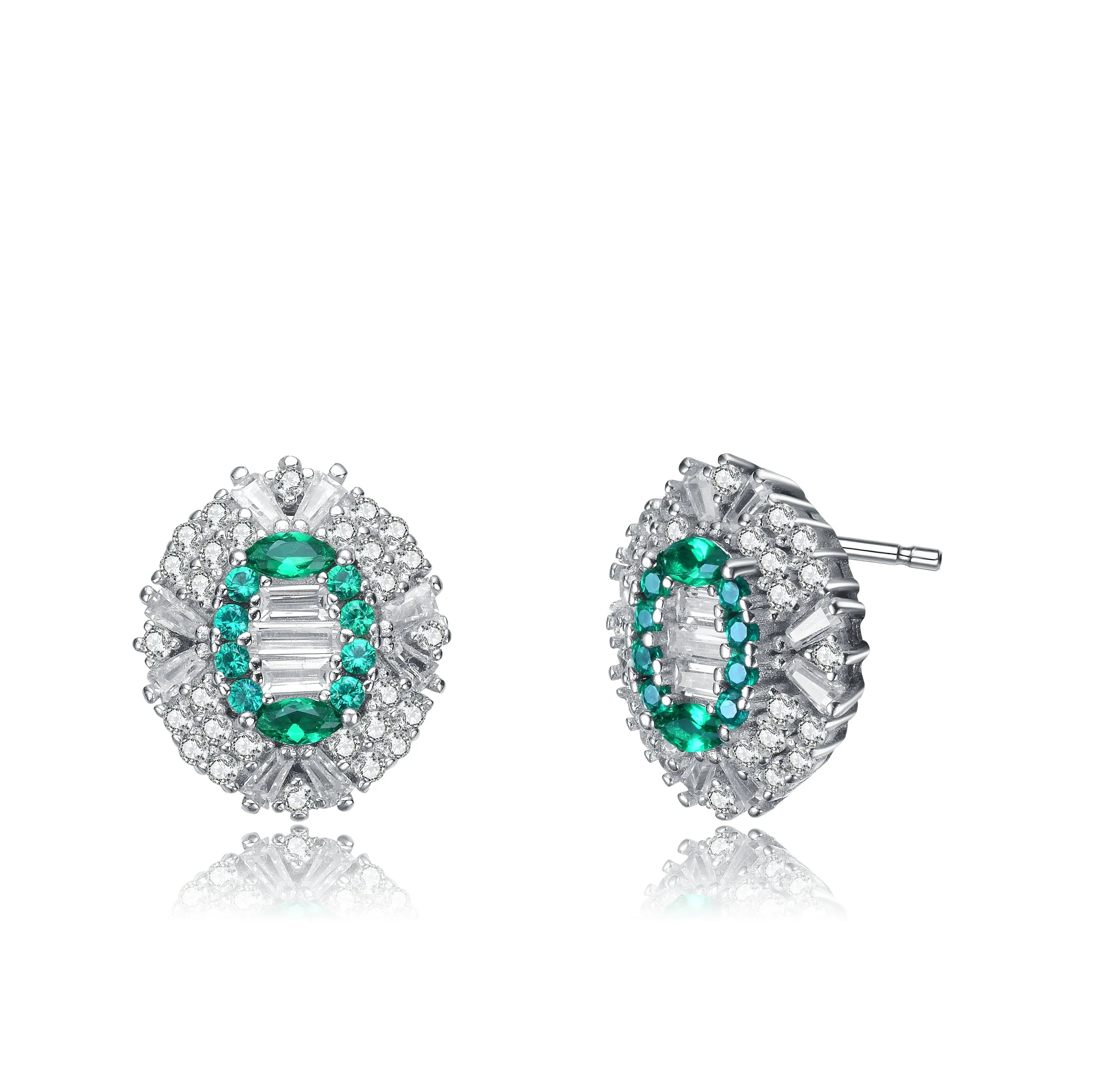 Sterling Silver Emerald Cubic Zirconia Halo Earrings