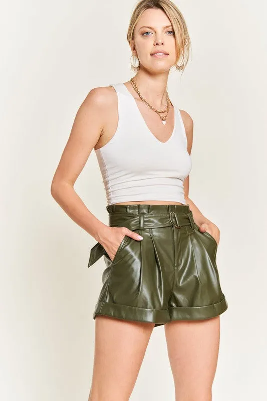 TEEK - High-Rise Waist Belted Faux Leather Short