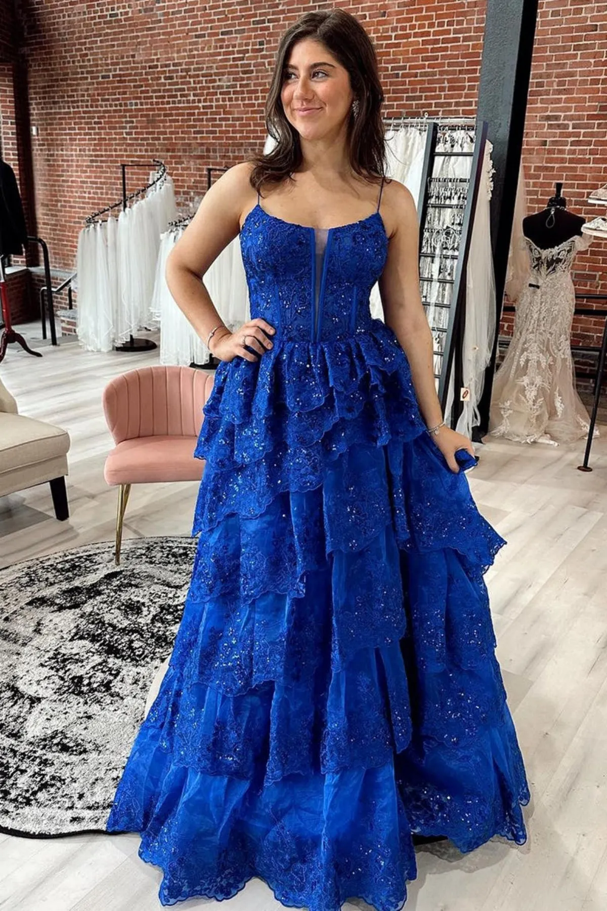 V Neck Layered Blue Lace Long Prom Dress, Blue Lace Formal Dress, Long Blue Evening Dress A1994