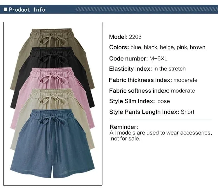 Women's Loose Linen Shorts - High Waist, Casual Style, Solid Color, Elastic Waist, 5XL, Free Shipping