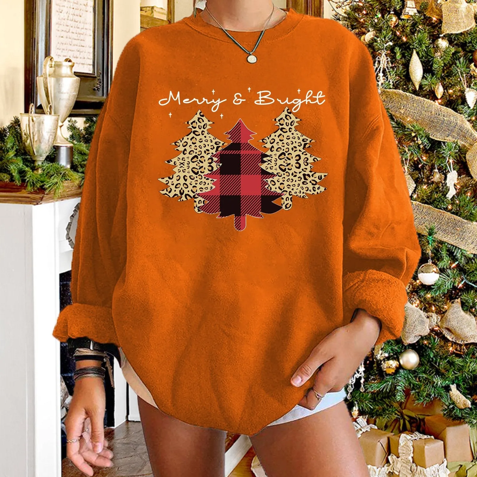 Women's round neck Christmas print long-sleeved sweater